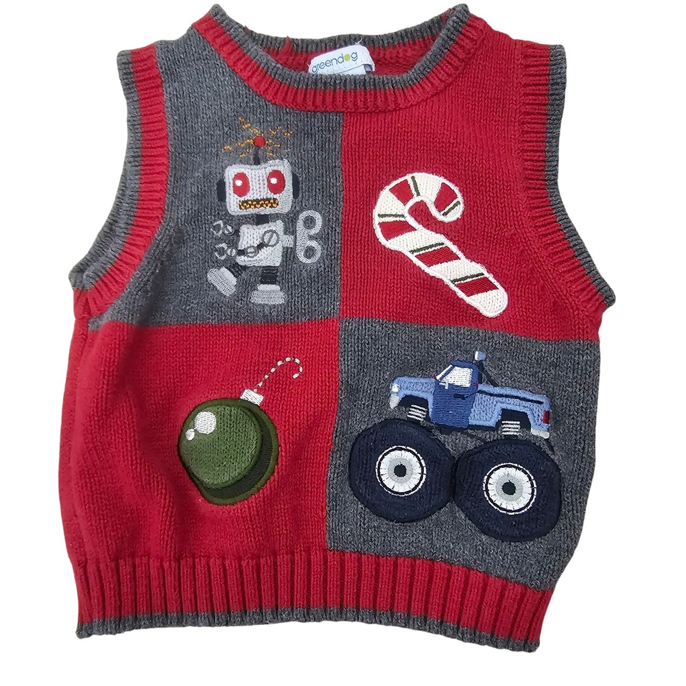Greendog‎ Boys Christmas Sweater Vest Red Grey Robot Monster Truck 12 Months